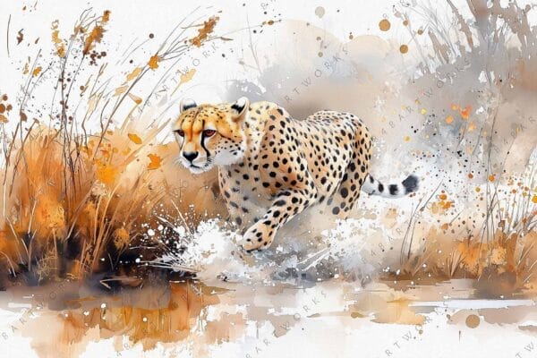"Digital watercolor of a cheetah running through grass in earthy orange and brown tones."