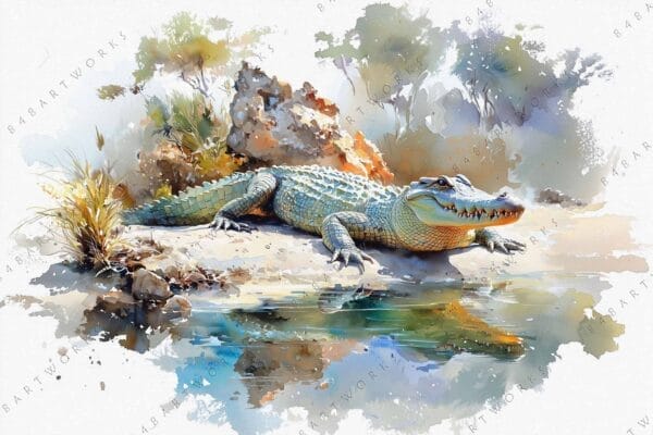 "Watercolor painting of an alligator basking on a riverbank with greenery."