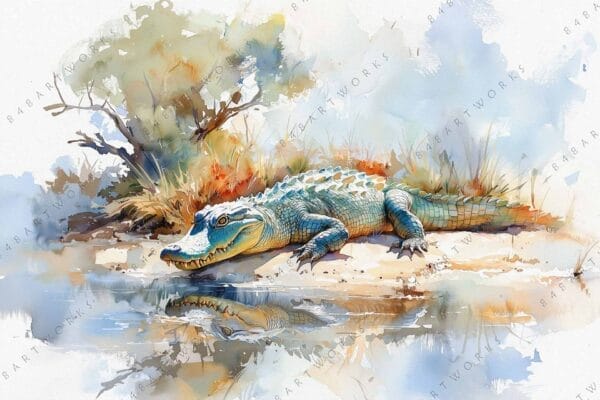 "Watercolor painting of a crocodile by a riverbank with trees in soft hues."