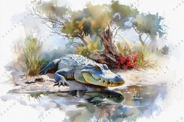 "Watercolor painting of a crocodile by a pond, surrounded by vibrant foliage."