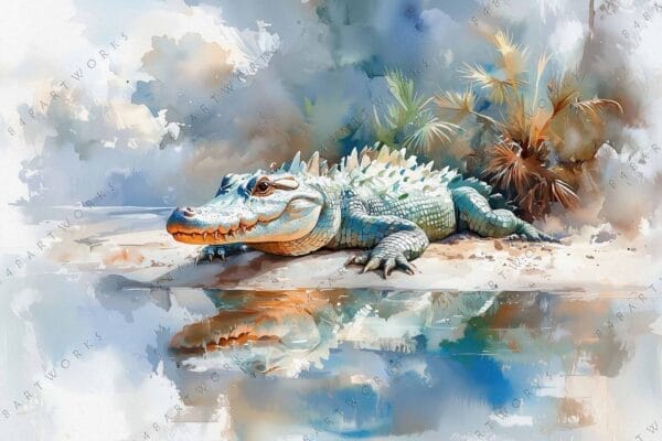 "Digital painting of an alligator by a pond with reflections, blue and earthy tones."