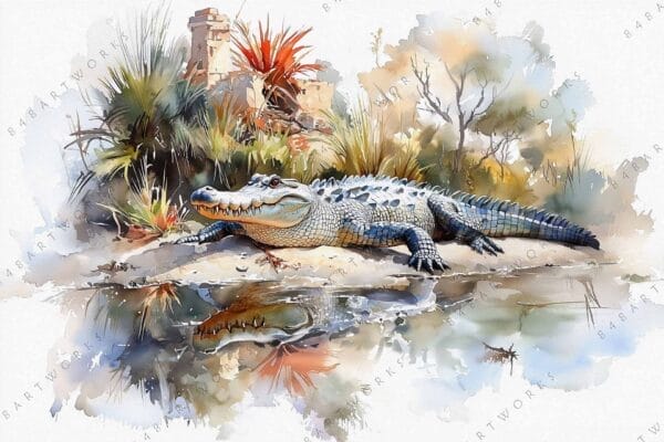 Watercolor painting of a crocodile resting by a reflective pond, surrounded by foliage.