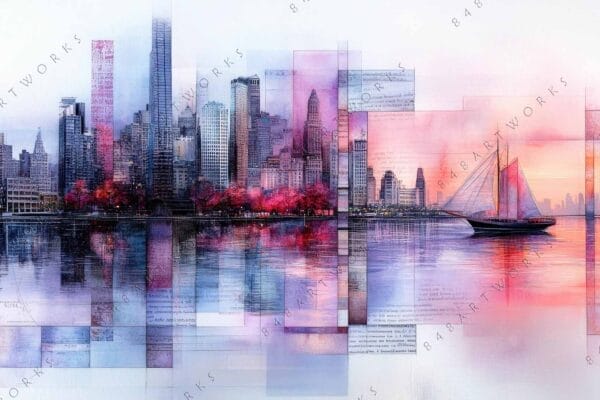 "Abstract digital art of cityscape with sailboat in pink and purple shades."