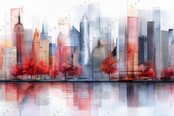 Abstract digital art of cityscape with red trees and soft multicolored reflections.