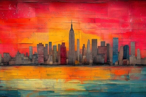 "Colorful abstract painting of a city skyline with vibrant red, orange, and blue tones."
