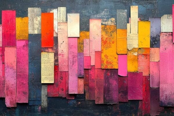 "Abstract collage with layered rectangular papers in pink, orange, and yellow against dark background."