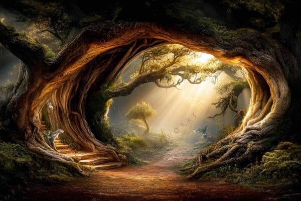Fantasy digital painting of a path through a tree archway with glowing sunlight.