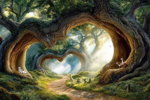 "Fantasy digital art of a mystical forest with twisted trees and unicorns."