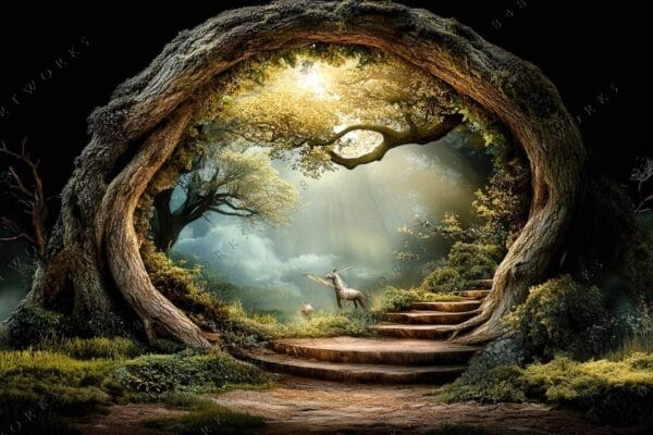 "Fantasy digital art of unicorns in a lush forest with glowing sunlight."