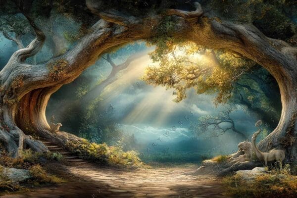 Fantasy digital painting of mythical creatures beneath twisting trees in dappled sunlight.