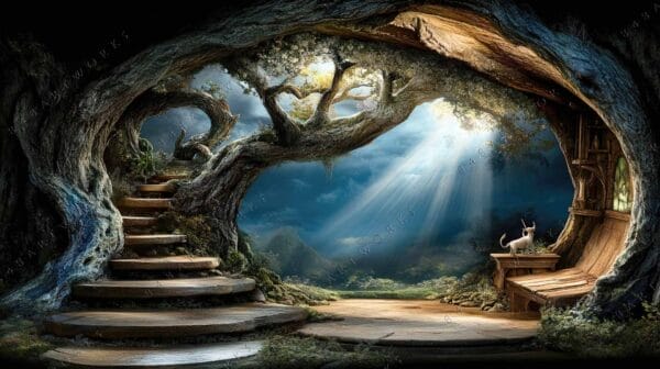 Fantasy digital art of an enchanted forest with twisted trees and a small unicorn.