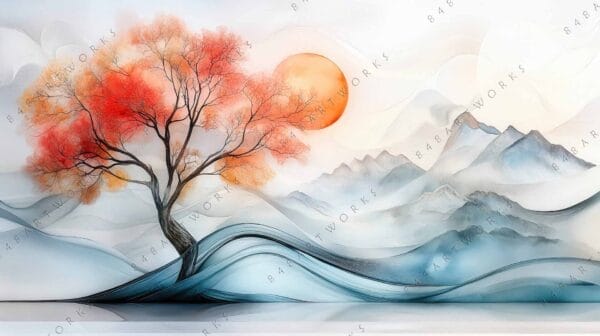 “Digital painting of a tree with orange foliage against misty mountains and a setting sun.”