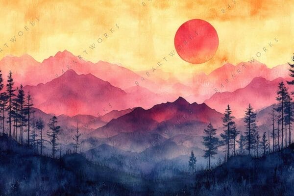 "Watercolor landscape of distant mountains and trees in pink, red, and yellow hues."
