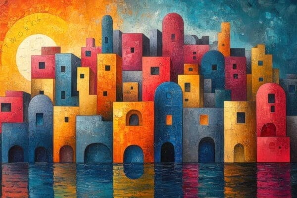 "Colorful abstract painting of geometric buildings under a bright sun over water."