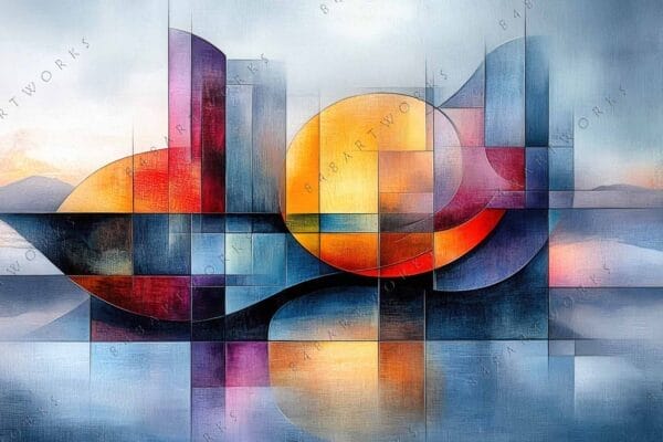 "Geometric abstract digital painting with bold yellow, red, and blue shapes."