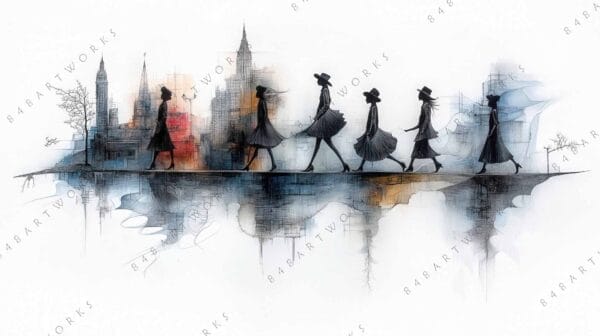 "Digital art of silhouetted women walking against an abstract cityscape in muted tones."