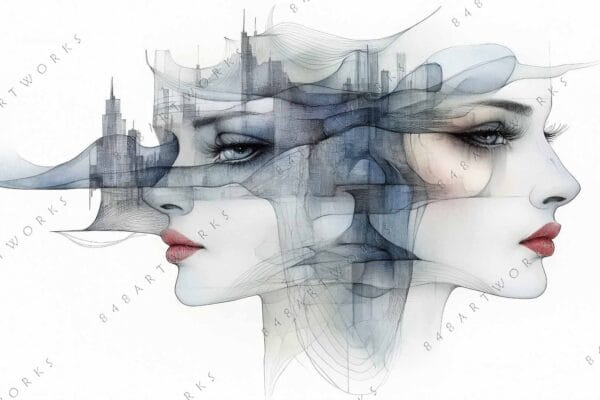 "Digital art of two faces with blended cityscape, using soft blue and gray hues."