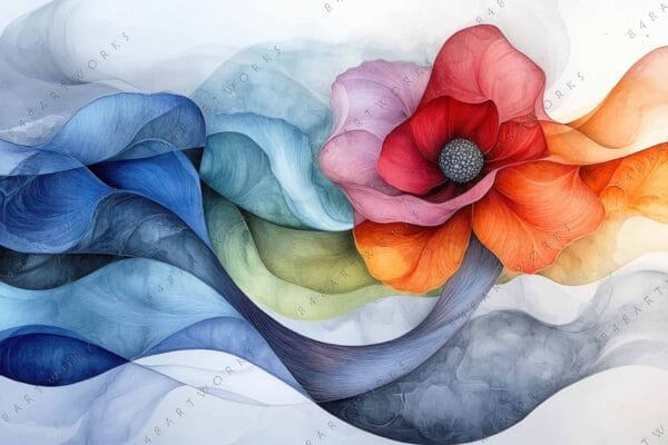 Abstract digital painting of a multicolored flower with swirling blue and green backgrounds.