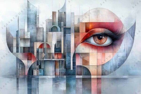 "Cubist-style digital art of an eye and skyscrapers in muted tones."