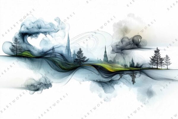 "Surreal landscape digital art with swirling clouds and silhouettes of trees and structures."