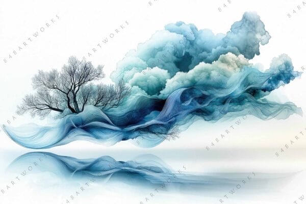 "Surreal digital art of bare trees and swirling blue waves against a white background."