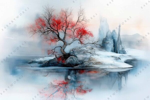 Misty watercolor landscape with a leafless tree and red leaves by a calm lake.