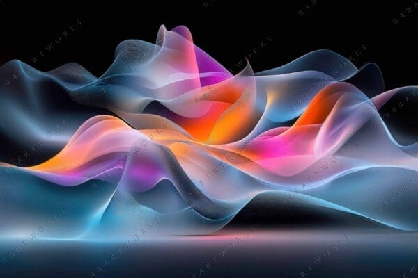 "Abstract digital painting of colorful flowing ribbons against a black background."