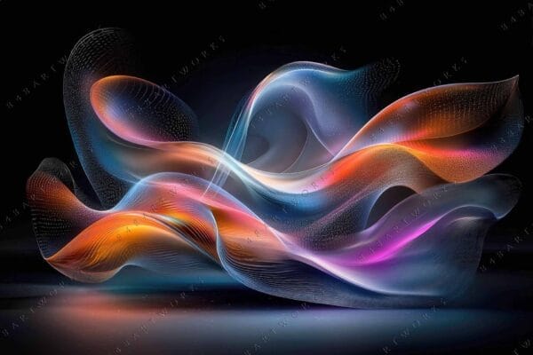 "Abstract digital art with swirling multicolored ribbons on a dark background."