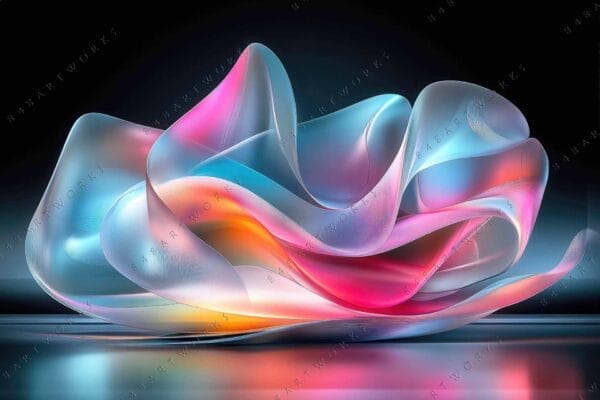 "Abstract digital art with vibrant flowing forms in pink, blue, and orange hues."