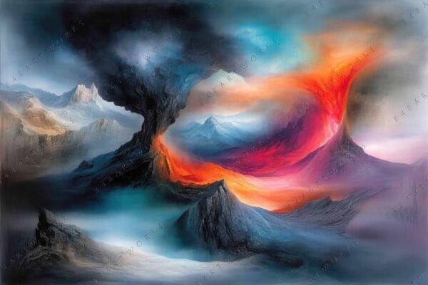 Abstract digital painting of surreal mountains with swirling colors in blue, orange, and red.