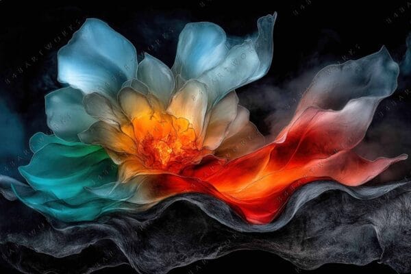 Abstract digital art of a vibrant flower with teal, orange, and red petals.