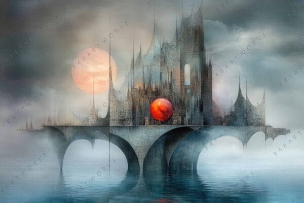 "Surreal digital art of a gothic castle and red sphere over misty water."