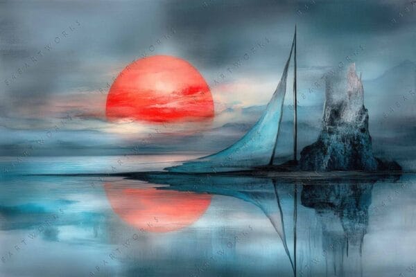Abstract digital painting of a red sun over a tranquil blue sea and landscape.
