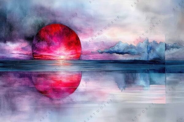 Digital painting of a large red sun setting over a calm, reflective sea.
