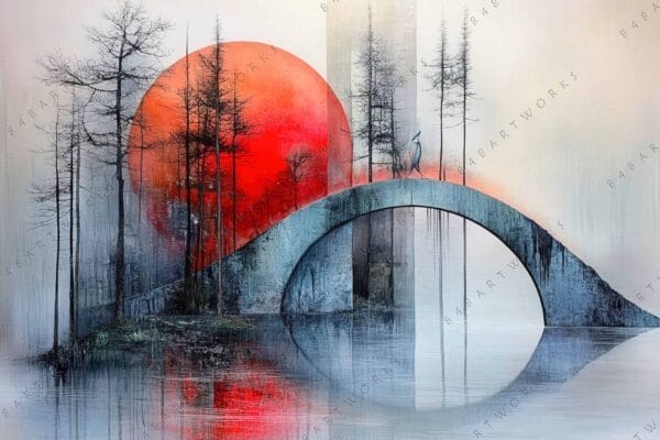 "Surreal digital painting of trees and arched bridge with large red sun background."