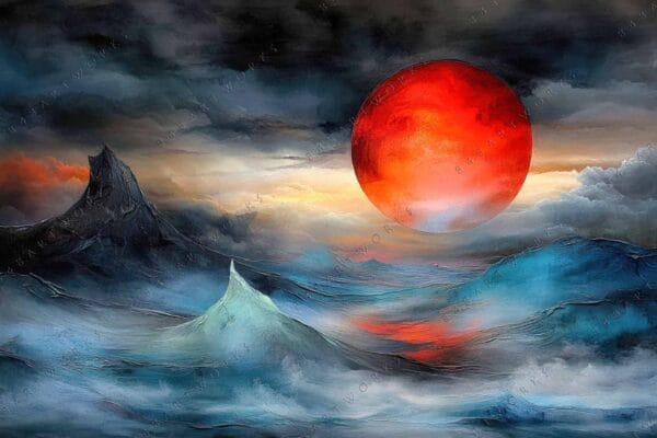 Surreal digital painting of a red sun over turbulent waves in dark tones.