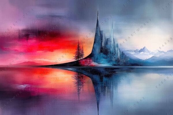 "Surreal digital painting of a castle and trees reflecting in vibrant sunset colors."