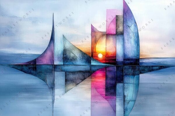"Abstract digital painting of geometric shapes with sunset in blue and pink hues."