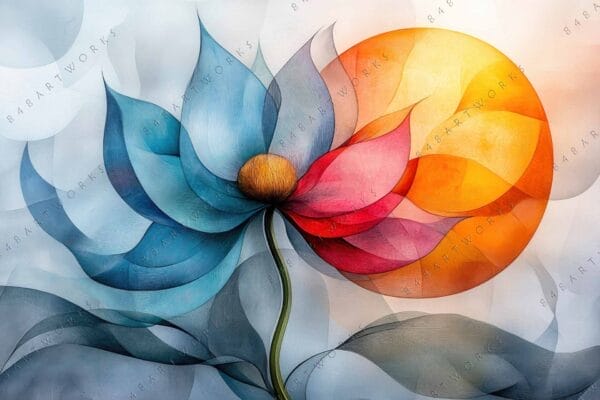 "Abstract digital artwork of a flower with blue, red, and orange translucent petals."