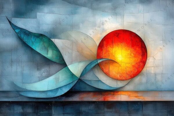 Abstract digital painting of a red sun with blue swirling shapes and textured background.