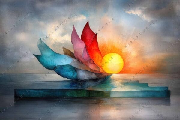 Abstract painting of colorful paper sailboats with a golden sun and calm ocean.
