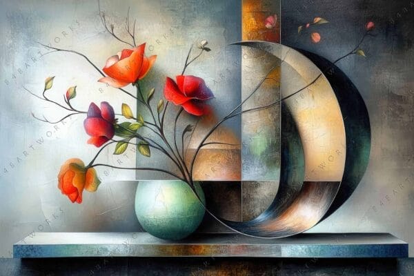 "Abstract digital art of red flowers in a vase with curved geometric shapes."