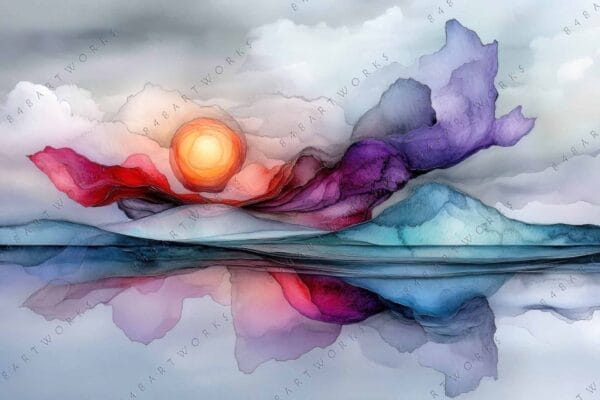 Abstract digital artwork of mountains and sun in blue, purple, and red hues.
