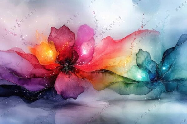 Abstract digital painting of vibrant swirling flowers in multicolored hues on soft background.