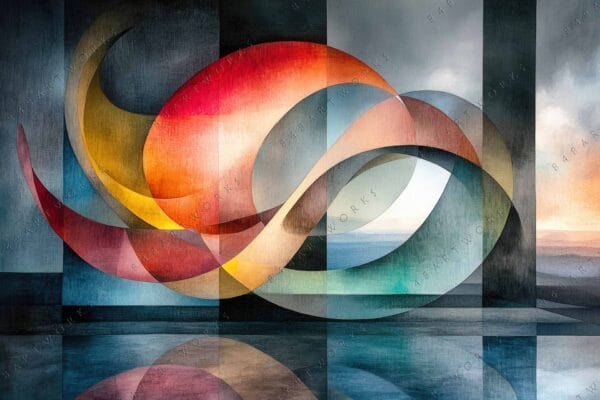 "Abstract digital painting with interwoven colorful curves and geometric shapes."