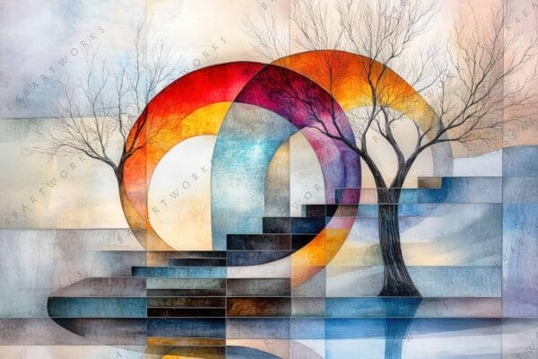 "Abstract digital art of leafless trees with colorful geometric shapes and a soft gradient."