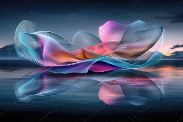 "Abstract digital art of colorful translucent waves over a serene lake at dusk."