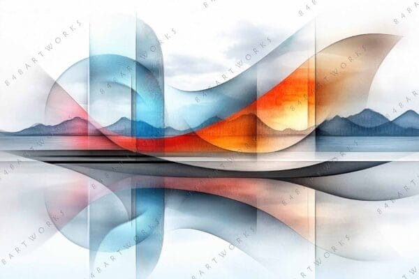 Abstract digital art with geometric shapes, mountains, and blue-orange gradient reflections.