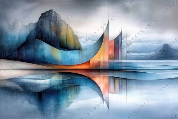 "Abstract digital art depicting colorful geometric shapes against a mountainous landscape in cool tones."
