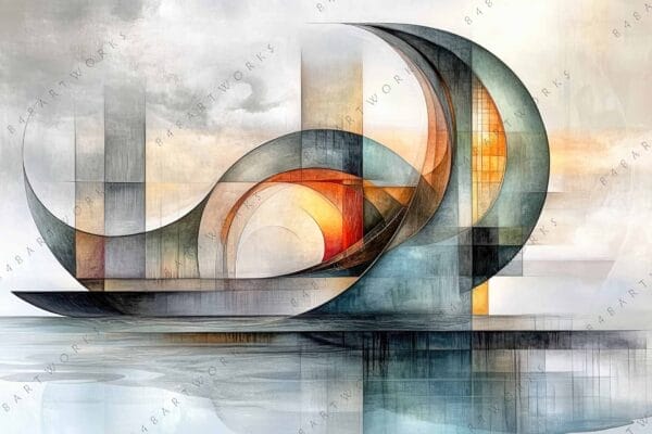 "Abstract digital painting with overlapping geometric shapes in blue, gray, and orange hues."